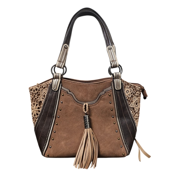 Justin Boots Saddle Lace Conceal Carry Fau Leather Fringe Brown Tan Shoulder Bag - Picture 1 of 7